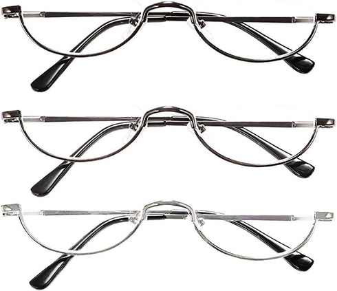 REAVEE 3-Pack Retro Designer Half Moon Reading Glasses, Stylish Slim Reader with Pouch, Black, Grey, Silver