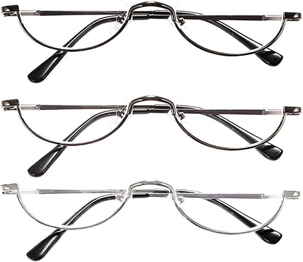 REAVEE 3-Pack Retro Designer Alloy Half Moon Reading Glasses, Stylish Slim Readers with Pouch, Black, Grey, Silver