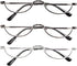 REAVEE 3-Pack Retro Designer Alloy Half Moon Reading Glasses, Stylish Slim Reader with Pouch, Black, Grey, Silver