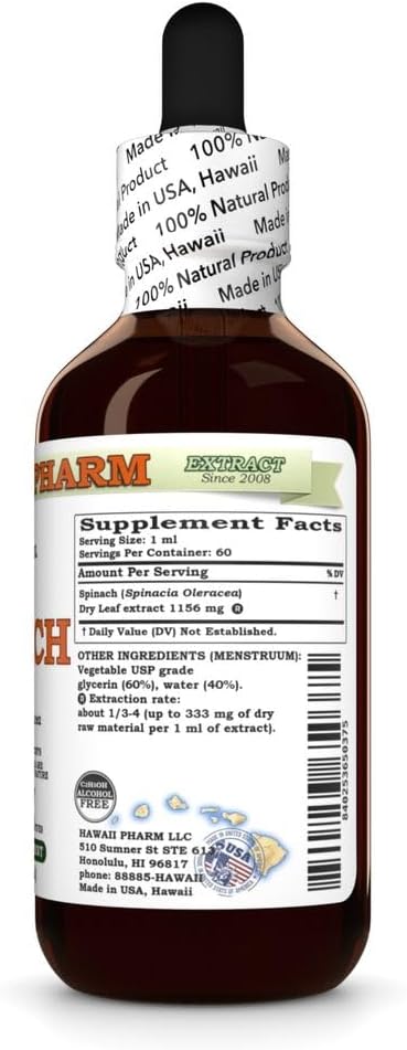 Hawaii Pharm 2 fl.oz Spinach (Spinacia Oleracea) Dry Leaf Glycerite, All Natural, Vegan, Lab Tested Alcohol-Free Liquid