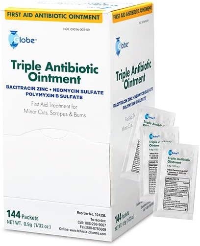 Globe Triple Antibiotic Ointment, 144 Pack, 0.9g Single Packet for First Aid Kit, Prevents Infection, Travel Size