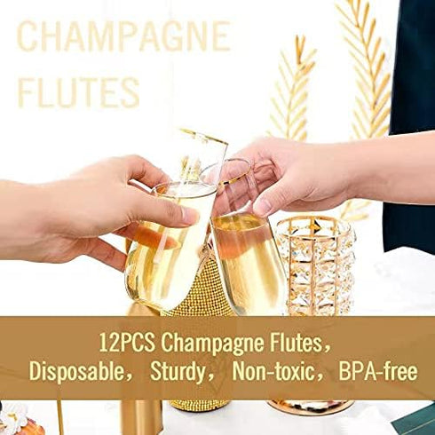 N9R 12PCS Stemless Plastic Champagne Flutes, 9 oz Gold Rim Toasting Glasses, Shatterproof Cocktail Cups for Party