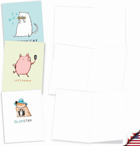 The Best Card Company - 20 Note Cards Blank Assortment, 4 x 5.12 Inch, 10 Designs, 2 Each - Punimals AM3366OCB-B2x10-NB