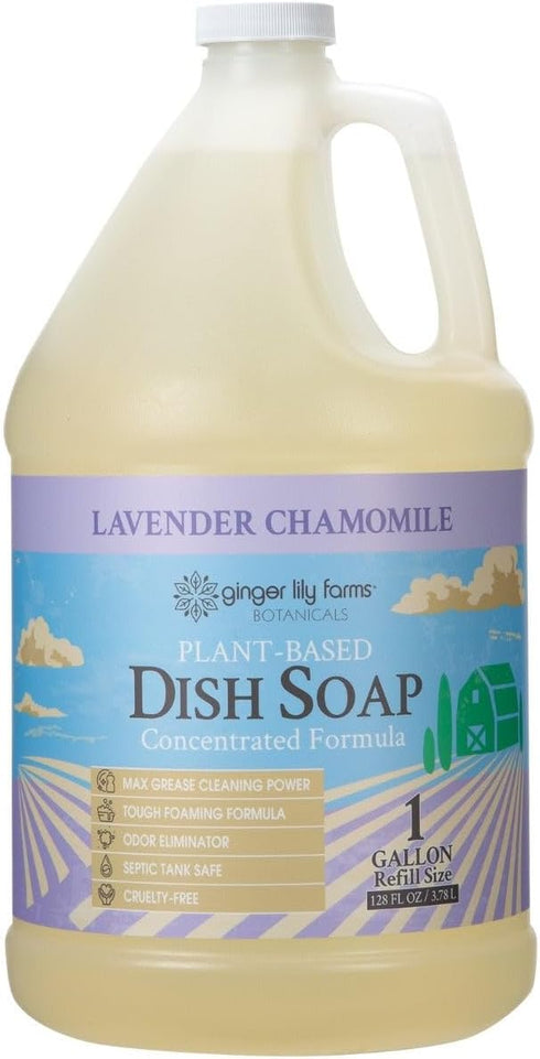 Ginger Lily Farms 1 Gallon Plant-Based Liquid Dish Soap, Concentrated Lavender Chamomile Scent, Cruelty-Free