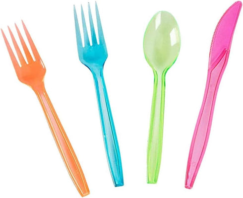 Juvale Rainbow Plastic Silverware Set, Neon Forks, Knives, Spoons (144 Pieces)
