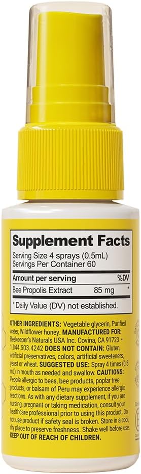 Propolis Throat Spray by Beekeeper's Naturals, Natural Immune Support & Sore Throat Relief, 1.06 oz