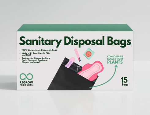 Pack 15 D6400 Sanitary Disposal Bags (Single x Bags) Bio-Based PLA, Leak-Proof & Odor-Lock Bags (Meets ASTM Standards)