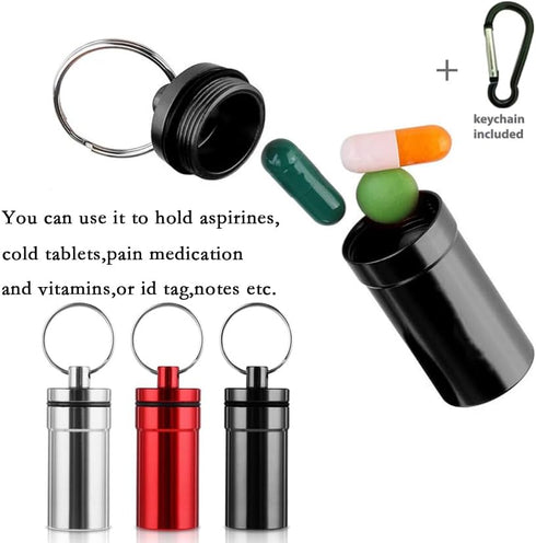 Aluminum Pill Box Keychain with Carabiner, Waterproof Metal Container for Travel, Camping (Black, Red, Silver)