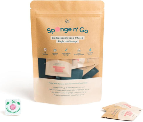 Sponge n' Go: 20-Pack Mini Travel Dish Soap & Sponges, Biodegradable, Soap-Infused, Single-Use Cellulose Compressed