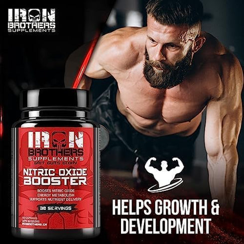 Iron Brothers Supplements Nitric Oxide Booster | Extra Strength Pumps Supplements | Pre-Workout with L-Arginine |