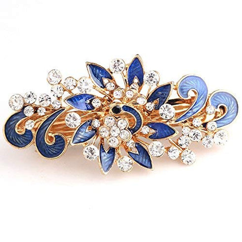 Women's Multilayered Peacock Shaped Rhinestone French Barrette Hair Clip, Blue