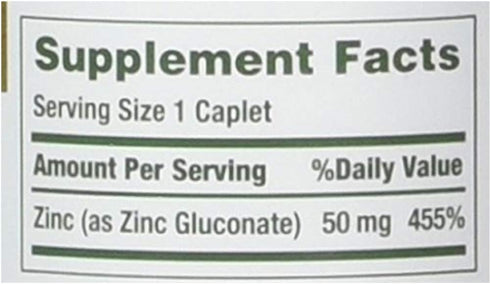 Nature's Bounty Zinc 50 mg Caplets, 100 Count, Pack of 2