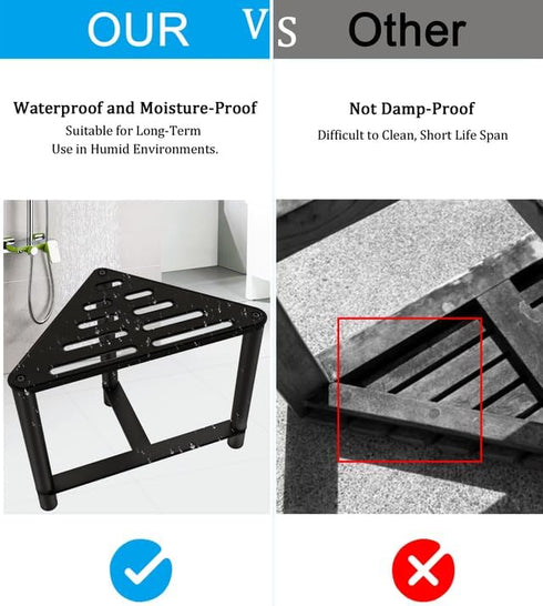 13.78" Shower Stool for Inside Shower, D Stainless Steel Shaving Foot Rest, Waterproof Corner Bench, Black Seat