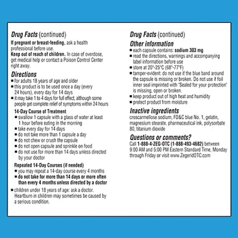 Zegerid OTC 24-Hour Heartburn Relief, Proton Pump Inhibitor with Omeprazole 20mg, 14ct Capsules