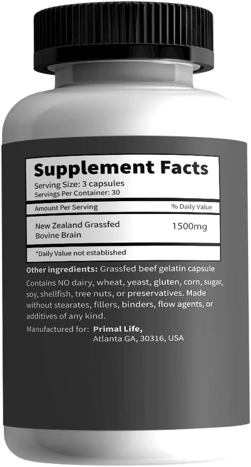 Primal Being Grassfed Beef Brain Supplement, Supports Memory, Mood, Focus, Energy, Cognitive Health - 90 Capsules,