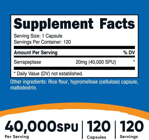 Nutricost Serrapeptase 40,000 SPU, 120 Capsules - Gluten Free, Non-GMO, and Vegetarian Friendly