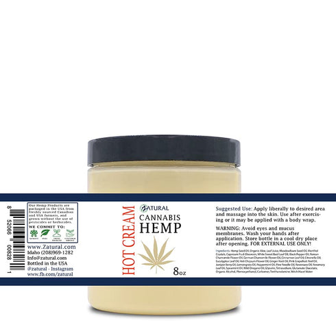 Zatural Hemp Hot Cream Massage for Joints and Muscles, Essential Oil Blend with Aloe and Hemp (8oz jar)