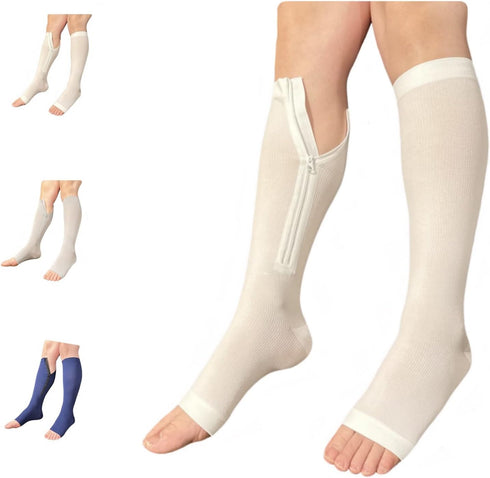 Ziperior Open Toe 15-20 mmHg Compression White Navy Gray Inside Leg Zipper Socks