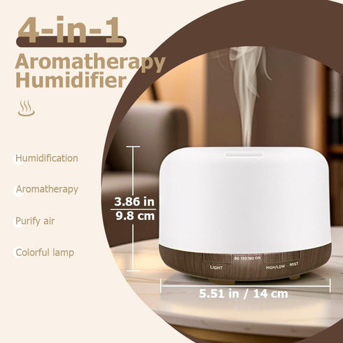 Harindiver 500ml 4-in-1 Humidifier,7 Essential Oil Diffuser,Quiet Ultrasonic Aromatherapy Color LED Lights,Timer