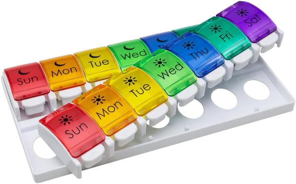 EZY DOSE Weekly Pill Case, 7-Day Medicine Planner, Vitamin Organizer, AM/PM Removable Trays, Easy to Use, Rainbow Lids