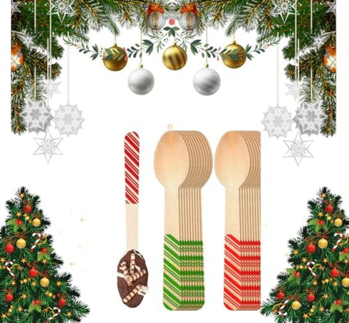 Red and Green Striped Candy Cane Christmas Wooden Spoons, Pack of 100 Count, 6.25 Inches