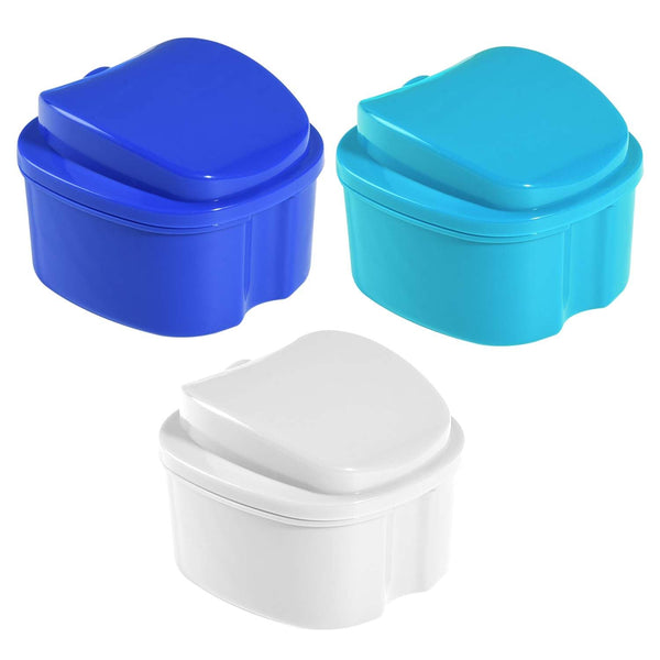 3 Pack Denture Bath Case Cup Holder Storage with Strainer Basket for Travel Cleaning (White, Blue, Light Blue)