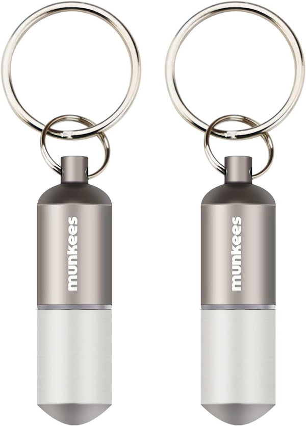 munkees Portable Pill Case Small Waterproof Capsules EDC Keychain, Travel Pill Bottle for Camping, Hiking, 2-Pack
