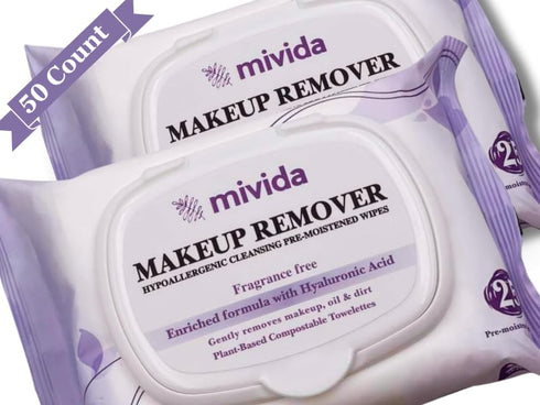 mivida Hypoallergenic Makeup Remover Wipes - 2 Pack of 25 Count, Facial Cleansing Wipes with Hyaluronic Acid