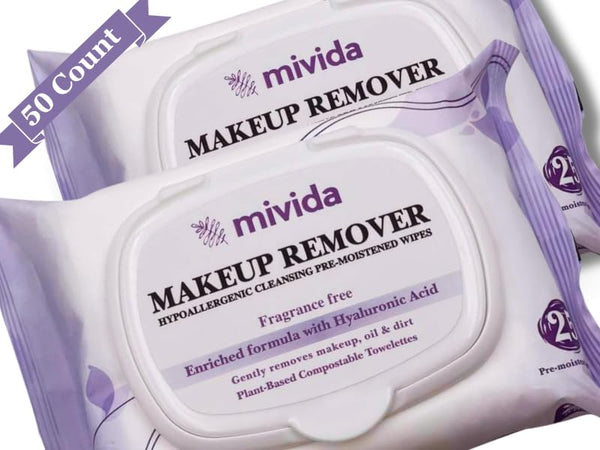 mivida Hypoallergenic Makeup Remover Wipes - 2 Pack of 25 Count, Facial Cleansing Wipes with Hyaluronic Acid