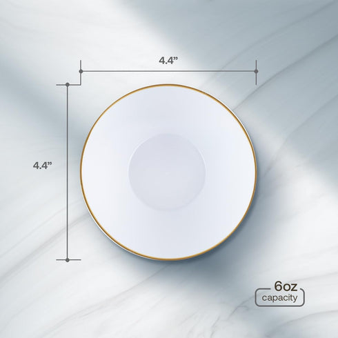 Party Plastic Bowls - White with Gold Rim, 10 Count Round Plates, Elegant Premium Durable Dessert Bowls for Celebrations