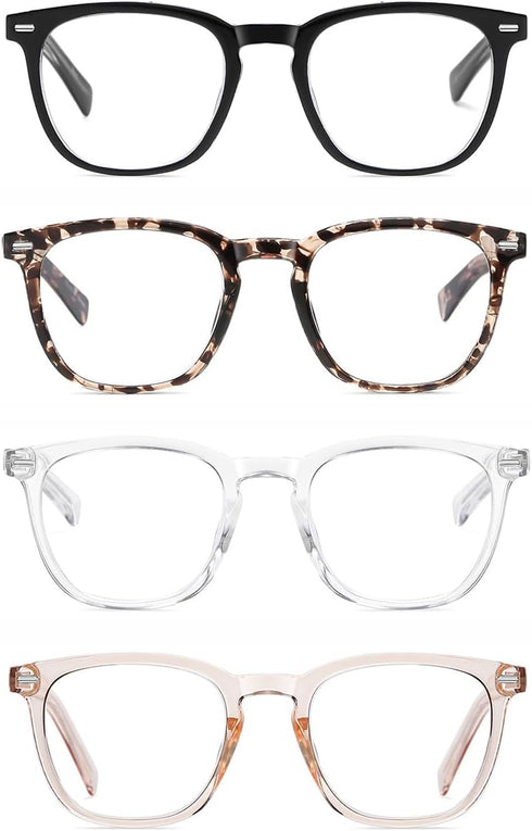 EYECEDAR 4-Pack Reading Glasses - Square Style Blue Light Readers for Women, Metal Spring Hinges, 2.00