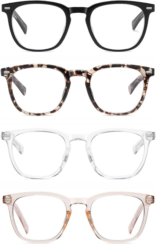 EYECEDAR 4-Pack Reading Glasses - Square Style Blue Light Readers for Women, Metal Spring Hinges, 2.00