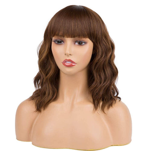 Short Curly Wigs with Bangs for Women, 14 Inches Wavy Bob Wig, Synthetic Heat Resistant Fiber Wigs (27-30)