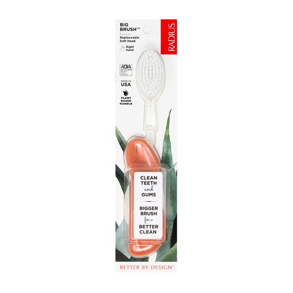 RADIUS Big Brush Toothbrush - Right Hand, Soft Coral Sparkle, Replaceable Head, BPA Free, ADA Accepted for Gum Health
