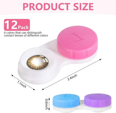 12 Pack Colorful Cute Contact Lens Case Bulk Box - Holder Container Soak Storage Kit in 6 Colors