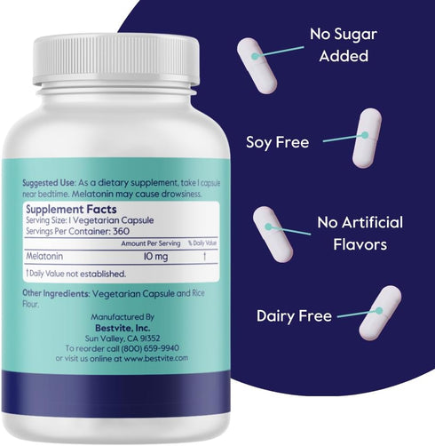 BESTVITE Melatonin 10 mg, 360 Veg Caps, Vegan, Non-GMO, Gluten-Free Sleep Aid for Rest & Wake Cycles