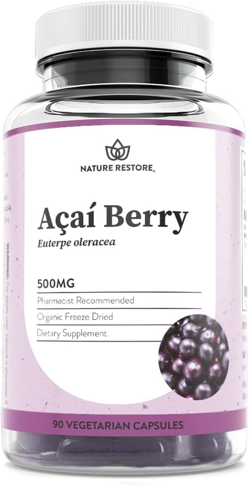 Nature Restore Organic Acai Berry Supplement - Freeze Dried, 90 Capsules, Non-GMO, Gluten Free, Vegan