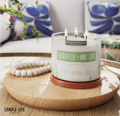 Essential Elements by Candle-lite Eucalyptus & Mint Leaf Scented Candle, 14.75 oz, 45 Hours Burn Time
