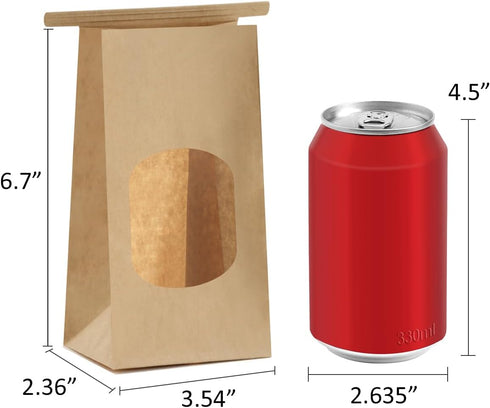 BagDream Small Bakery Bags with Window - 50Pcs, 3.54x2.36x6.7 Inches, Kraft Brown Paper Bags for Treats