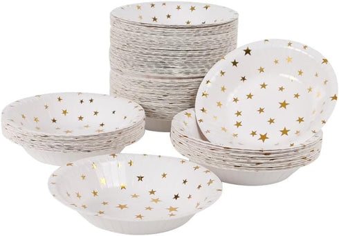 50pcs Gold Stars Disposable Paper Bowls, 20oz Large Decorative Serving Bowls for Wedding & Birthday Parties