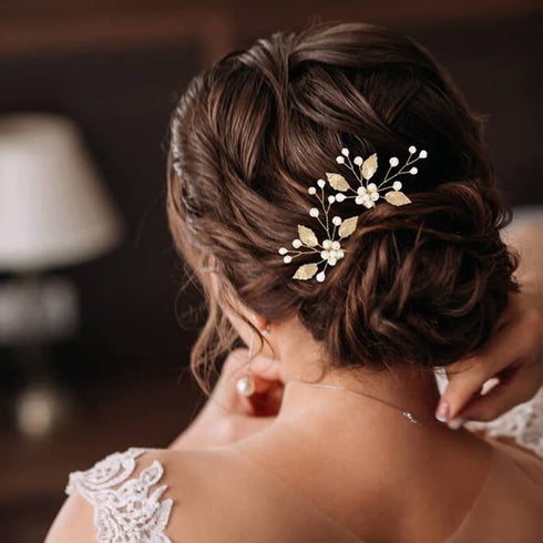 inSowni 5 Pack Gold Pearls Leaf Hair Pins, Wedding Bridal Alligator Leaves Hair Clips for Women Girls
