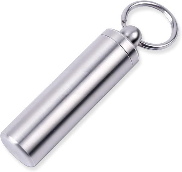 Keychain Pill Holder Container, Portable Waterproof Single Chamber Stainless Steel Pill Box for Outdoor Travel Camping