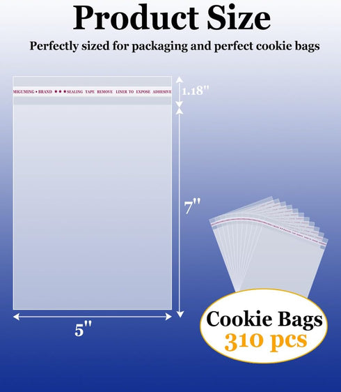 310 Pcs Cellophane Bags, 5x7 Inch Clear Self-Sealing Plastic Wrappers for Bakery, Treats, Gifts