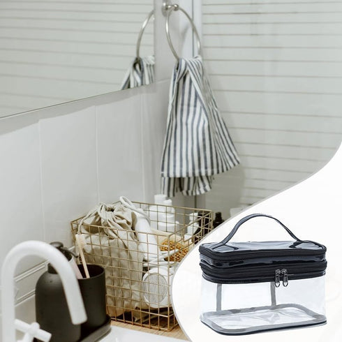 Clear Makeup Case, Transparent Double Layer Toiletry Bag, Waterproof PVC Travel Cosmetic Case for Skincare (Black)