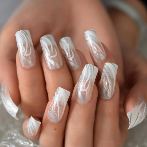 Square Fake Nails Long Length Predesigned False Nails (Clear White)