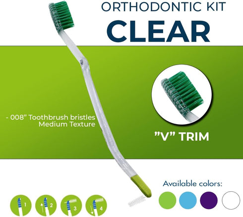 Orthodontic Kit Clear: Oral Care Set with Toothbrush, Protector Cap, Floss, Wax, and Interdental Brushes with Case