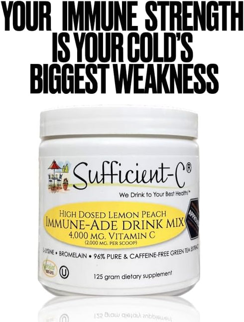 Sufficient-C High Dose Non-GMO Vitamin C Lemon Peach Immune-Ade Drink Mix, 125 Gram Size with L-lysine, Bromelain &