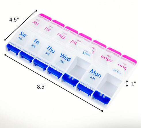 Smart Essentials 7-Day Weekly AM/PM Pill Organizer, Medicine Box with Large Compartments, Pink and Blue, Clear Plastic