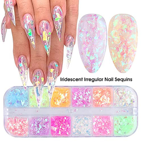 Mermaid Flake Nail Glitter Sequins, CHANGAR Iridescent Ice Slag Colorful Fluorescent Glass Paper Nail Sticker