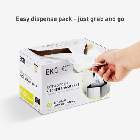 EKO Easy-Dispense Roll of 60 Count Extra-Strong Drawstring Kitchen Trash Bags, 13 Gallon Garbage Bags